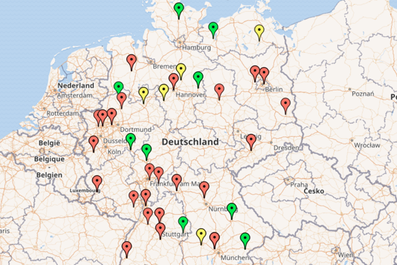 Karte der Testorte in Deutschland Deutschlandkarte wo die aktuellen Testorte markiert sind.